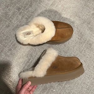 UGG® Disquette Suede Fur Platform Slides